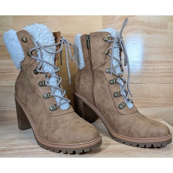 Nine West Women’s Tan Lace-Up Block Heel Boots Size 11M Faux Shearling Fold - Picture 3 of 10